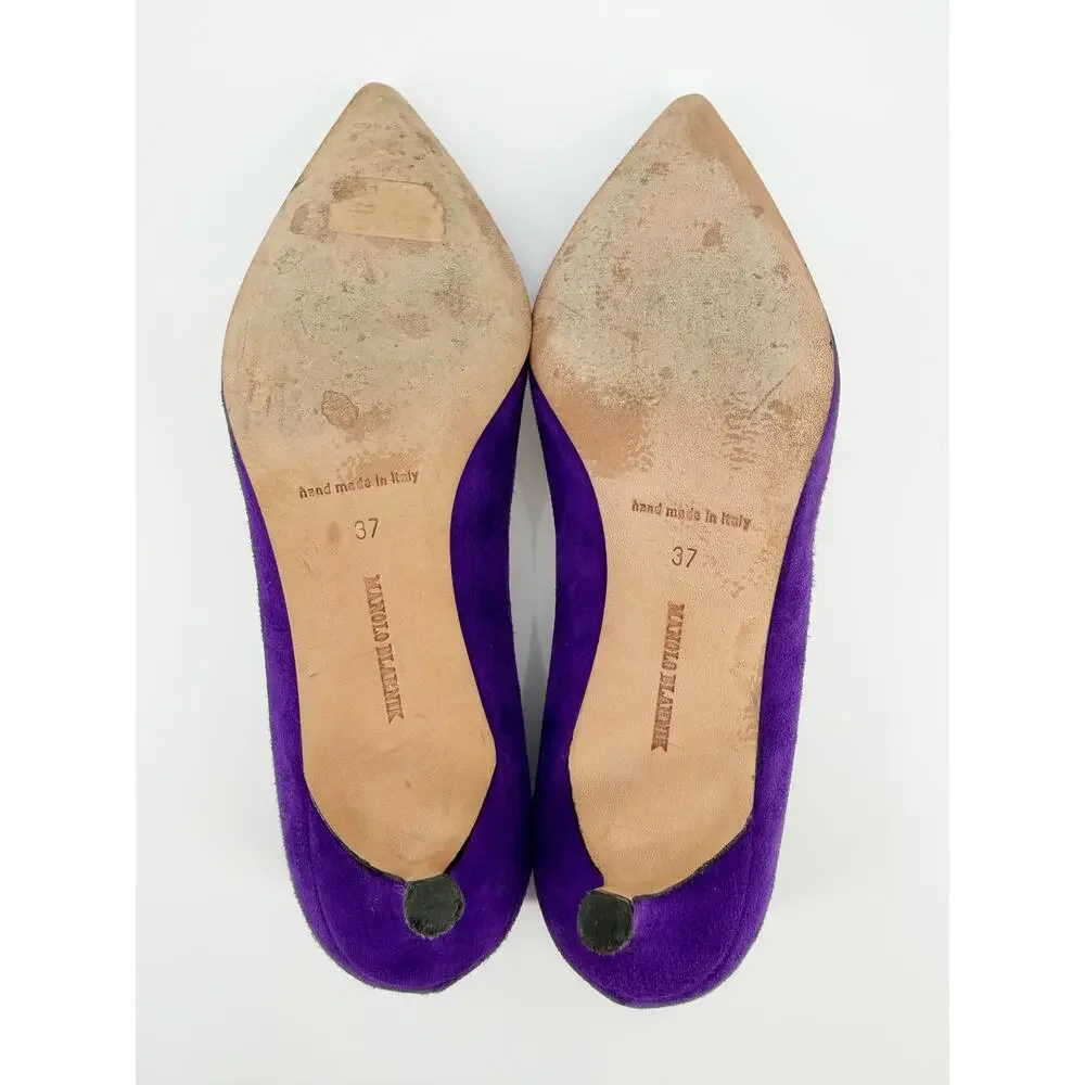Manolo Blahnik BB Pumps Purple Suede Pointed Toe Low Kitten Heel Shoes 37